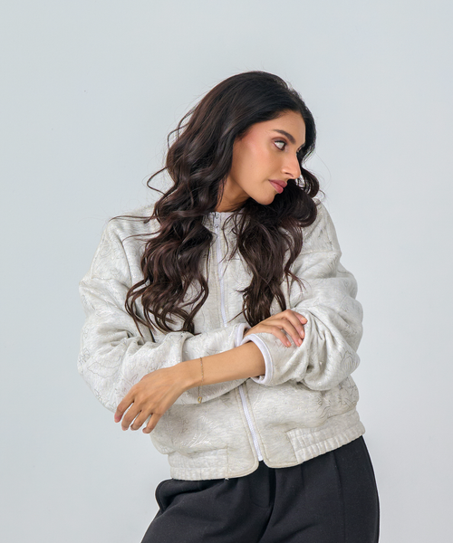 Cropped Zipper Jacket with Silver Foil Print (Heather Grey)