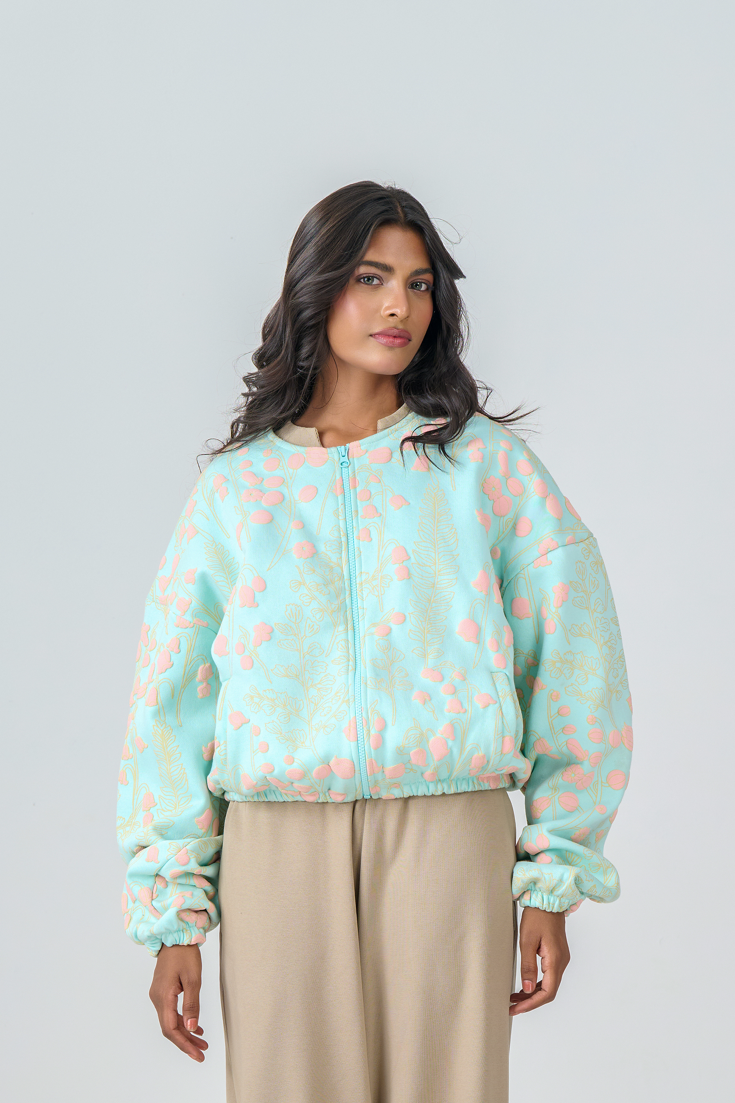 Cropped Zipper Jacket with Embossed Print (Mint Green)