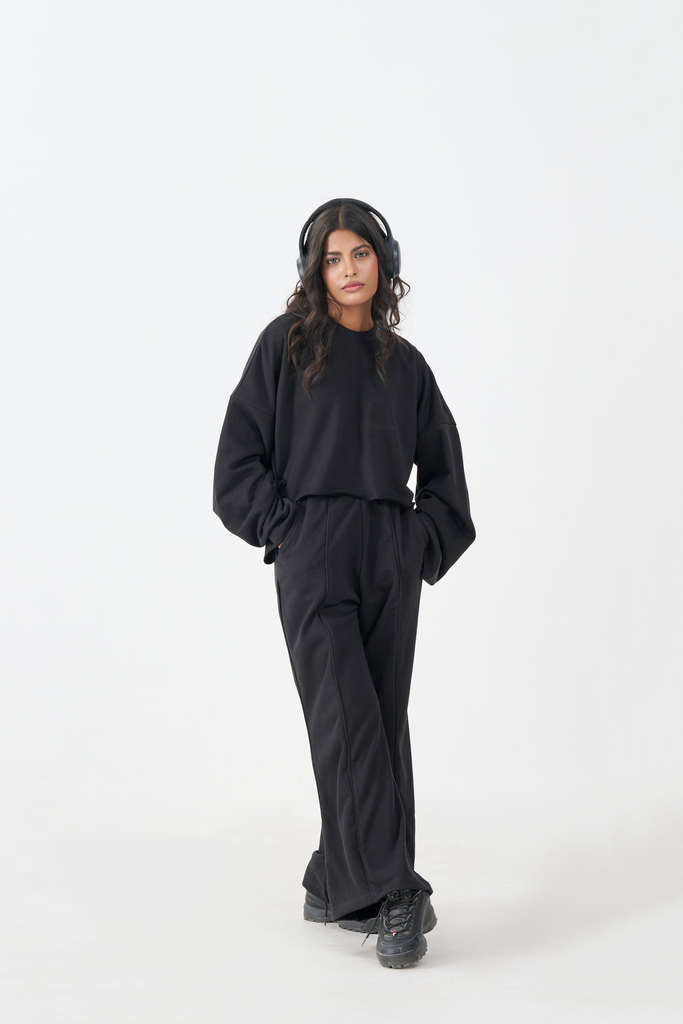 French Terry Crop Co-Ord Set (Black)