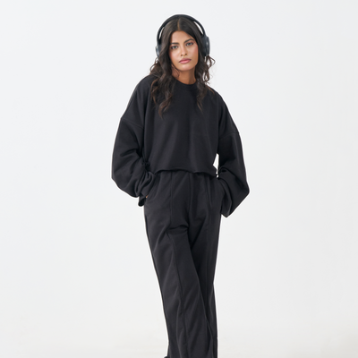 French Terry Crop Co-Ord Set (Black)