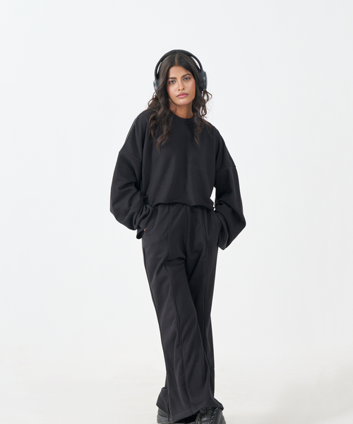 French Terry Crop Co-Ord Set (Black)