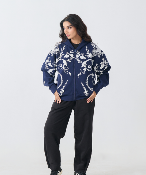 Loose Fit Fleece Zipper Hoodie with emboss print (Navy Blue)