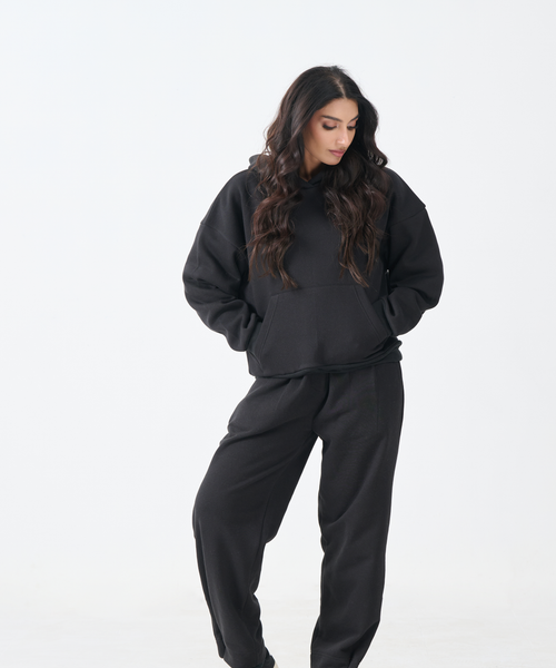 Loose Fit Fleece Pull Over Hoodie with Digital Print Patch (Black)