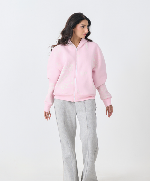 Loose Fit Fleece Zipper Hoodie (Pink)