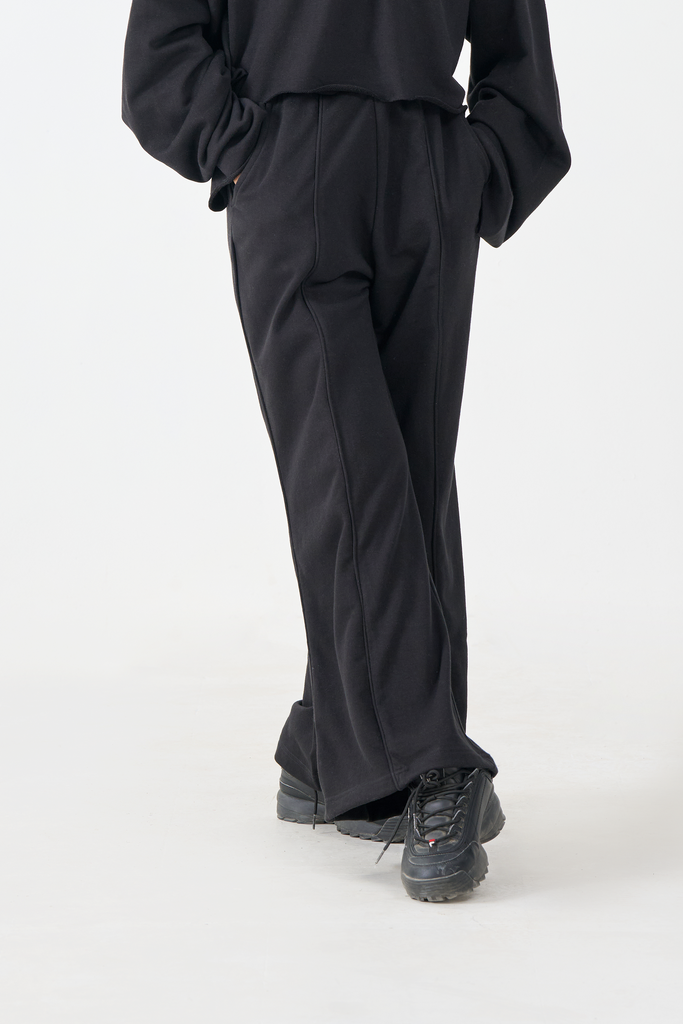 French Terry Wide-Leg Seam Trousers (Black)